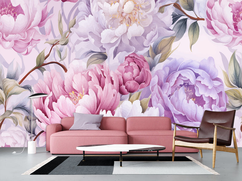 Floral Print Vinyl Wallpaper  Peel and Stick for Bedroom or Living Room – "Violet Peonies"