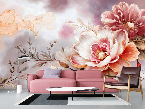 Floral Print Pastel Tones Self-Adhesive Wallpaper For Entire Wall, Vintage Theme "Floral Art", For Living Room, Bedroom, Relaxation Area 🌸