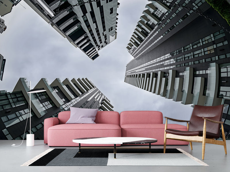 Urban Style Peel and Stick Full-Wall Wallpaper Looking Up at Skyscrapers Design for Living Room or Office
