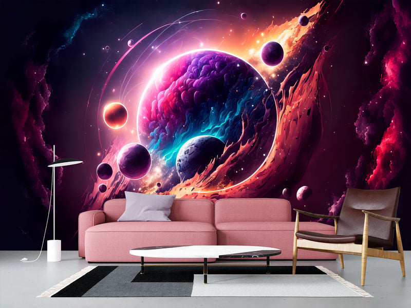 Self-Adhesive Vinyl Wallpaper Print for Office or Bedroom Planetary Dance in the Galaxy Peel & Stick Mural