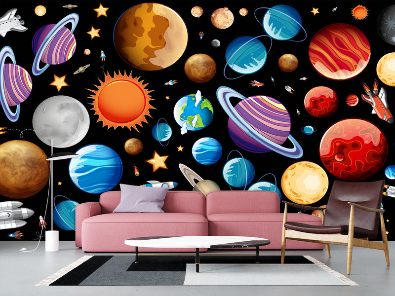 Self-Adhesive Full-Wall Wallpaper, In-House Production — Wall Mural For Living Room Or Kids’ Room “Vibrant Planets”.