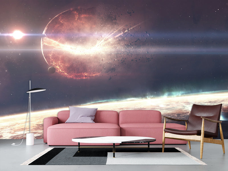 Peel and Stick Full Wall Mural Print Planet Breaking Into Fragments for Living Room or Bedroom