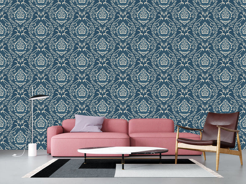 Vintage Non-Woven Photo Wallpaper Accent Wall Mural "Vintage Lotus Ornament on Dark Blue Background"