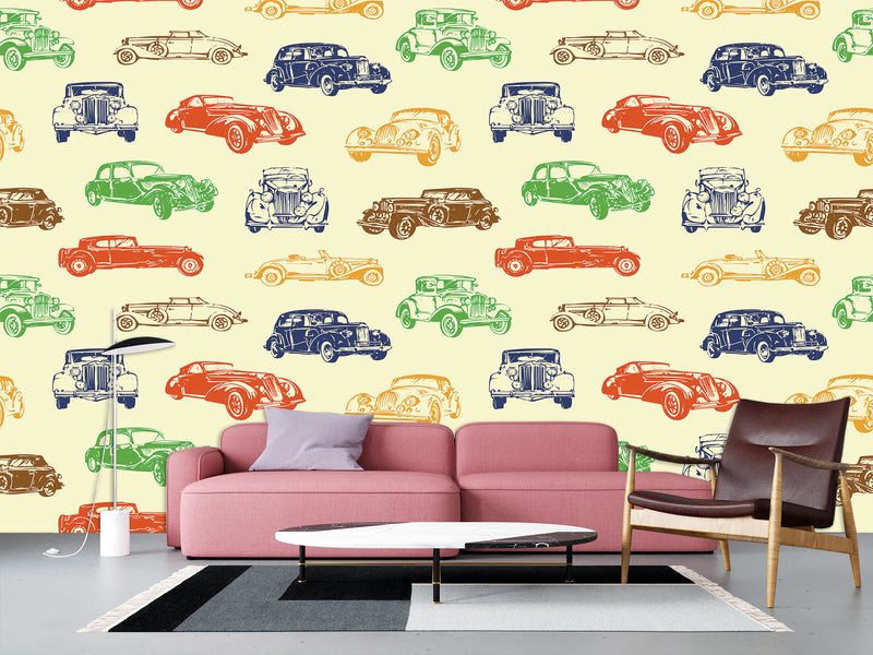 Non-Woven Photo Wallpaper Multicolored Vintage Cars – Colorful Accent for Office or Living Space
