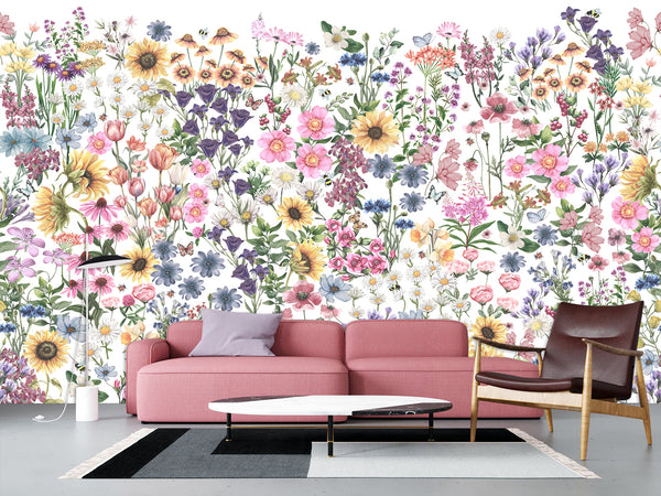 🌸Floral Print For Home Design Non-Woven Wall Murals "Watercolor Wildflowers" For Living Room, Creative Space, Bedroom 🌸