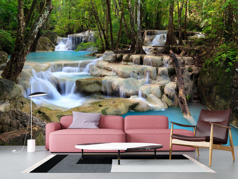 Natural Print Self-Adhesive Wall Murals – Full Wall Design for Hotel, Bedroom, Living Room "Forest Waterfall"
