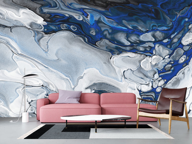 Art Print Design Non-Woven Wallpaper For Living Room, Relax Zone, Bedroom Abstraction "Blue Marble Waves"