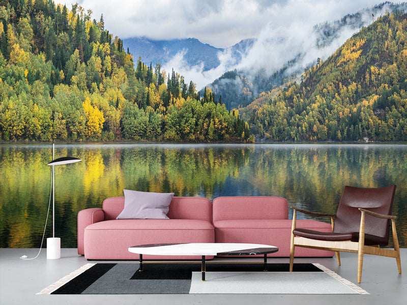 Stylish Modern Non-Woven Wallpaper 'Mountain Lake Serenity' – Wall Mural for Bedroom or Living Room