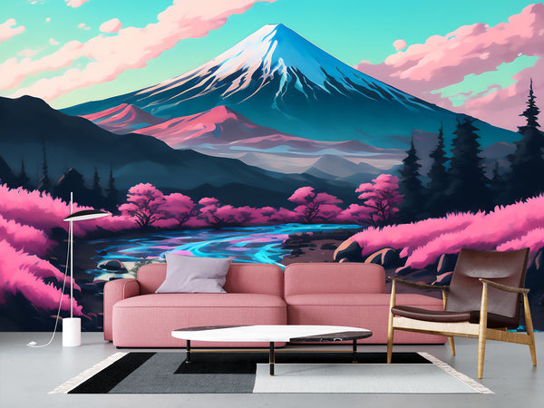 Artistic Design Vinyl Wallpaper Peel and Stick Wall Mural for Living Room, Office, Perfect for Creative Space "Mount Fuji in Anime Style" 🎨
