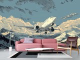 Full Wall Traditional Wallpaper For Office, Home Workspace, Or Studio "Aircraft Flying In The Sky Over Mountains" Comic Style