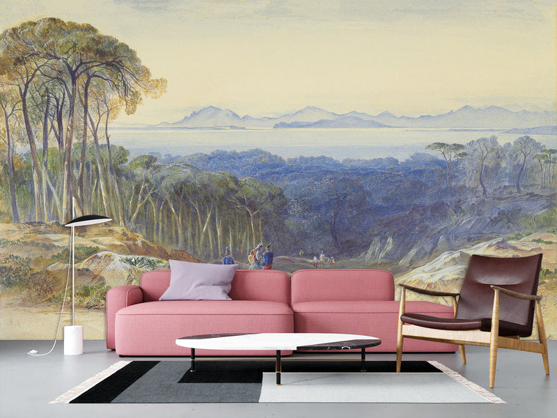 Self-Adhesive Full Wall Mural Accent French Riviera Landscape Wallpaper – Edward Lear for Living Room or Bedroom Design