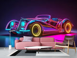 Self-Adhesive Wall Mural for Home Interior Peel and Stick Wallpaper Retro Car in Neon Lights Prant for Bedroom or Gym