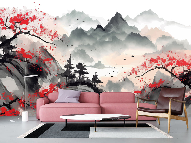 Asian Art  Peel and Stick Wall Mural "Japanese Landscape" Photo Wallpaper For Bedroom Living Room Decor