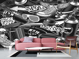 Comic Style Print High-Quality Vinyl Wallpaper Peel and Stick For Wall For Teen Room Studio "Black And White Graffiti"