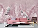 Tropical Pastel Botanical Print Peel and Stick Mural “Parrots in Palm Leaves” – Perfect for Decorating Bedrooms and Living Rooms