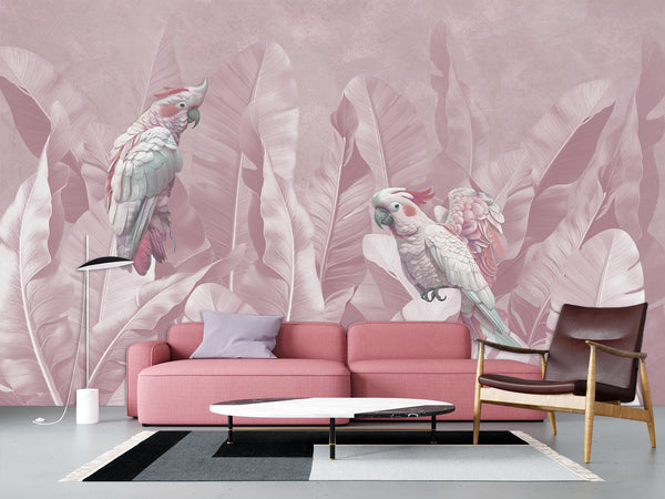 Tropical Pastel Botanical Print Peel and Stick Mural “Parrots in Palm Leaves” – Perfect for Decorating Bedrooms and Living Rooms