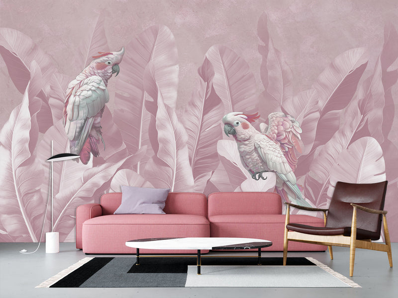 Tropical Pastel Botanical Print Peel and Stick Mural “Parrots in Palm Leaves” – Perfect for Decorating Bedrooms and Living Rooms