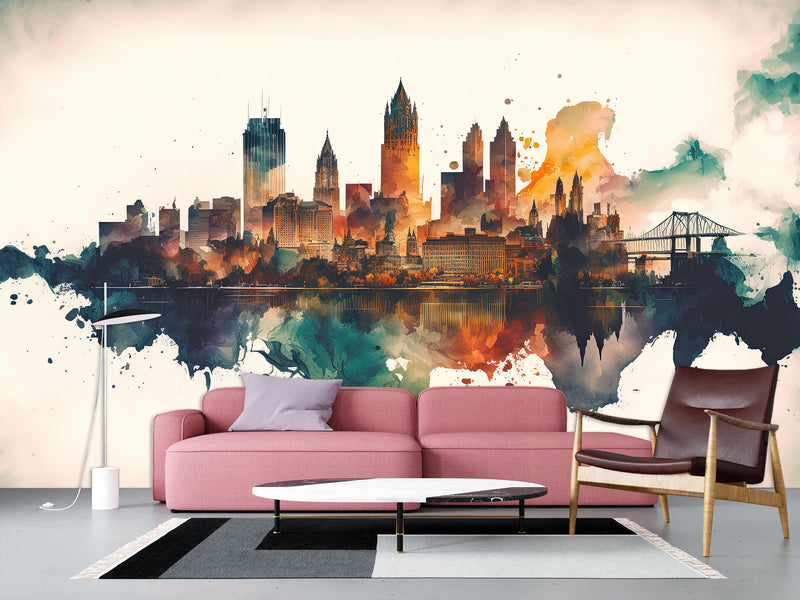 Full-Wall Mural Vinyl Wallpaper Peel and Stick Design For Workshop, Office, Or Hall “City In Watercolor”