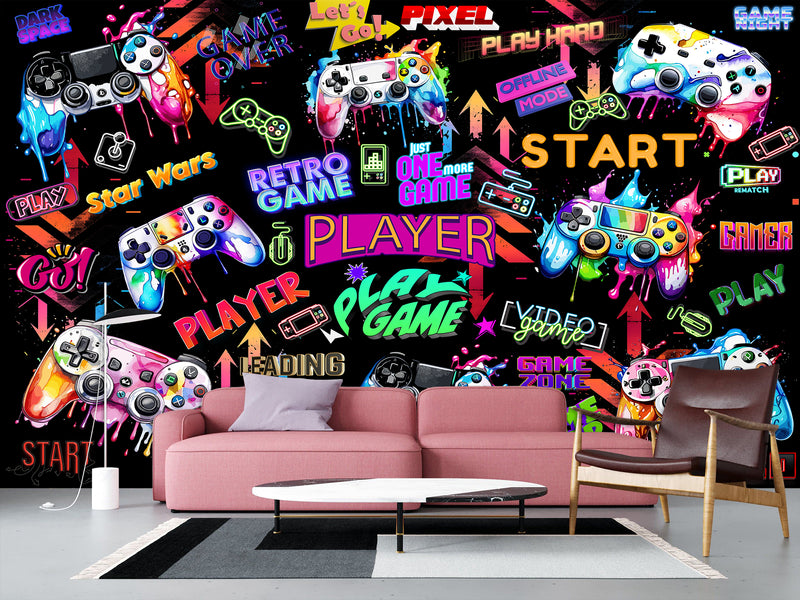 Modern Vibrant Vinyl Wallpaper Peel and Stick “Adrenaline of Victory” – Perfect for Video Game Lovers, Bedroom, Living Room, and Kids’ Room Desing
