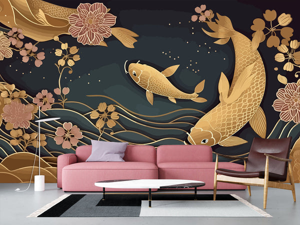 Non-Woven Wallpaper Mural – Custom Design for Living Room or Lounge Area, "Japanese Style: Fish and Flowers"