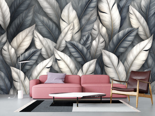 High-Quality Nature Print Self-Adhesive Wallpaper – Wall Print Mural for Bedroom, "Silver Leaves: A Play of Light and Shadow"