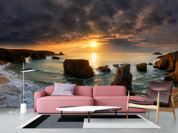 High-Quality Self-Adhesive Wall Mural For Living Room, Lounge Area "Sea Cliffs In The Sunset Glow"