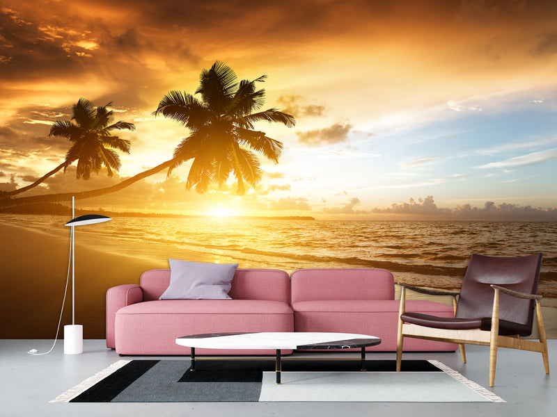 Vinyl Wallpaper Peel & Stick for Living Room or Bedroom – "Sunset on the Beach" Accent Wall Mural