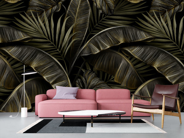 Floral Full-Wall Print Non-Woven Photo Wallpaper Tropical Design For Office Or Bedroom "Banana Leaves"