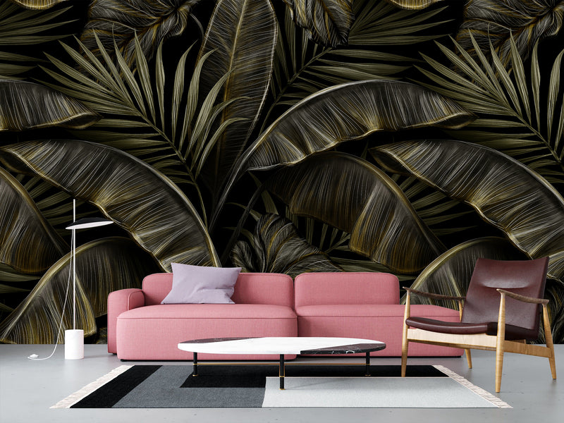 Floral Full-Wall Print Non-Woven Photo Wallpaper Tropical Design For Office Or Bedroom "Banana Leaves"