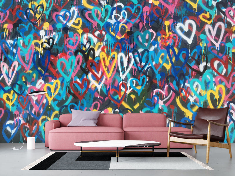 Non-Woven Wall Mural 3D Graffiti Wallpaper “Colorful Hearts” – For Accent Wall in Bedroom, Kitchen, or Living Room