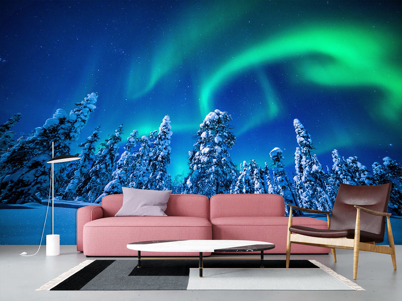 Non-Woven Full Wall Mural Wallpaper Northern Lights in a Winter Forest For Lounge Area, Bedroom, Or Reception