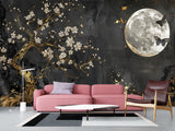 Non-Woven Mural Art Accent Wall For Bedroom, Lounge Area "Golden Plum Tree In Moonlit Night – Mural Background"