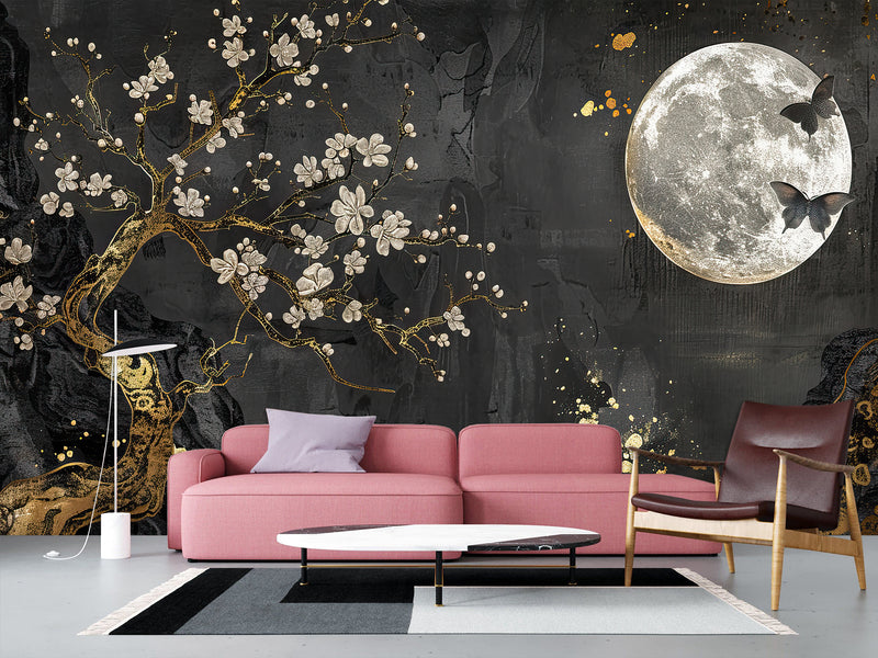 Non-Woven Mural Art Accent Wall For Bedroom, Lounge Area "Golden Plum Tree In Moonlit Night – Mural Background"