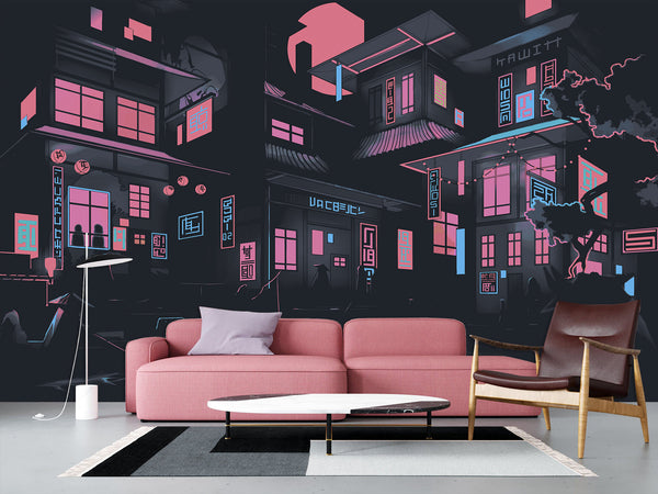 Neon City At Night – Modern Traditional Wall Mural For Interior Design 🌃