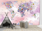 Self-Adhesive Kids Wallpaper World Map In Purple And Pink Mural – Art Decor For Magical Kids' Room