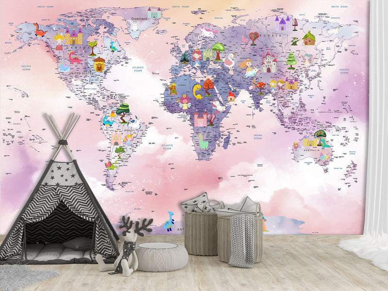 Self-Adhesive Kids Wallpaper World Map In Purple And Pink Mural – Art Decor For Magical Kids' Room
