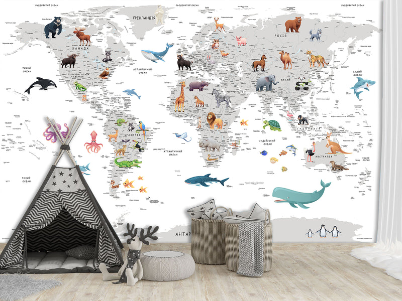 Decor for Kids room, Peel and Stick vinyl interactive World Map Wallpaper – Educational Design for Kids' Room