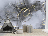 Abstract Style Full Wall Traditional Mural "Grey and Gold Blizzard" For Living Room, Relax Zone, Bedroom