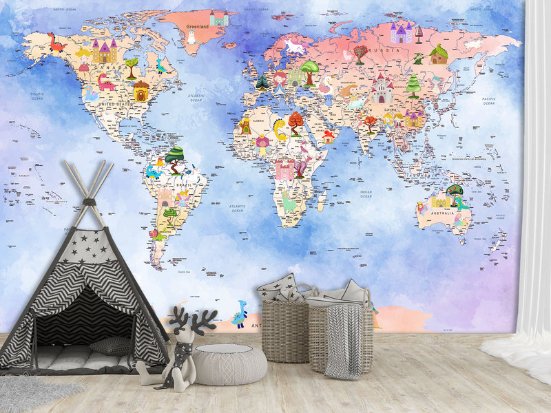 Peel and Stick Vinyl Wallpaper Magical World Map Mural for Kids – Interactive & Educational