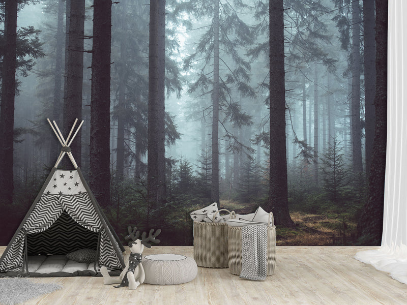 Stylish Wallpaper with Natural Print, Wall Mural for Home 'Forest in the Mist', Non-Woven Wall Mural with Design
