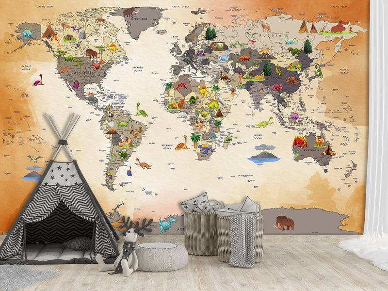Non-Woven Mural 3D Effect Kids' World Map Wallpaper with Dinosaurs – Wall Mural for Children’s Room