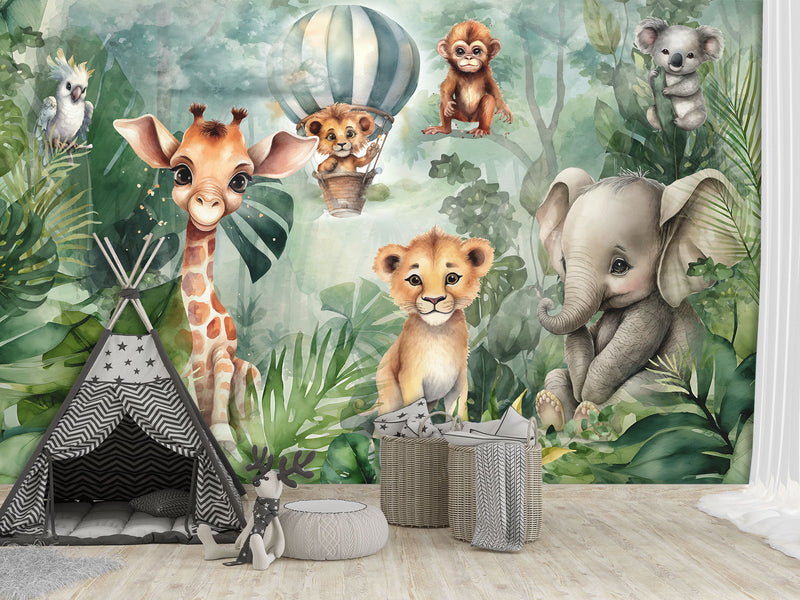 Non-Woven Traditional Wall Wallpaper for Kids' Room "Tropical Safari" – Kids's Room Decor