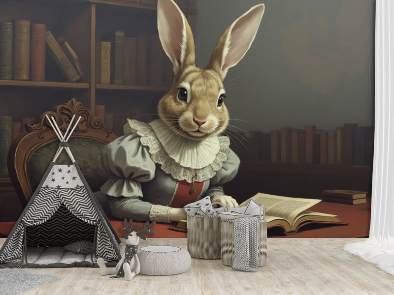 Wall mural Peel and Stick vinyl “Rabbit with a book”, vintage home decor