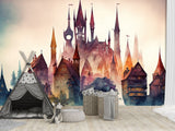 Peel and Stick Wall Mural Art Decor for Kids' Room or Playroom – Fairy Tale Town on a Hill