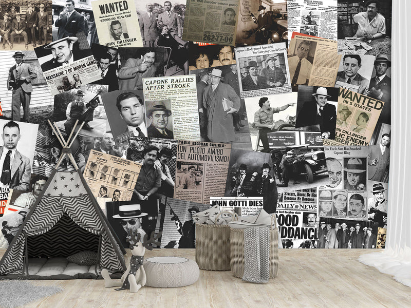 Peel and Stick vinyl Wall mural “Gangsters and the Mafia”, vintage wallpaper with images of criminal bosses" Wallpaper for For Office,  Home decor