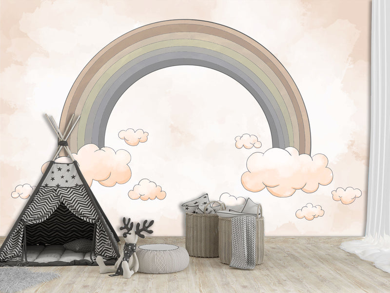 Non-Woven Wallpaper Kids Room Design – Rainbow Among Pink Clouds, Wall Decor For Boys And Girls