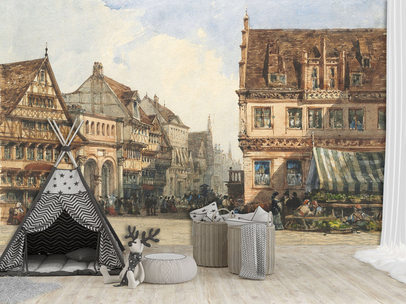 Traditional Full Wall Wallpaper – “William Wyld: A Street in Hanover” Living Room or Bedroom Print