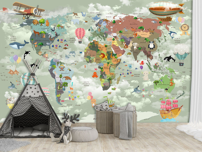 Decor for Kids room, Vinyl Wallpaper Peel and Stick with the pattern “Kids map of the world”