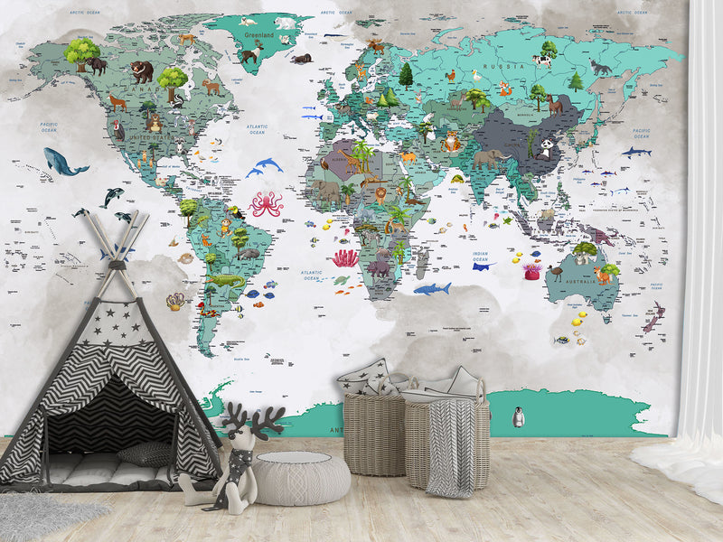 Non-Woven Wallpaper Full Wall Mural Kids World Map Wallpaper – Educational & Colorful Wall Decor