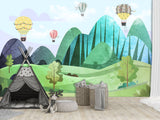 Traditional Full Wall Mural for Nursery or Kids Room Hot Air Balloon Forest Wallpaper